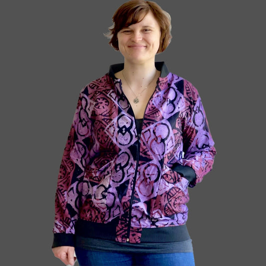 Zipper/ Bomberjacke/ Trainingsjacke/ Jacke unisex afrikanisches Muster, Batik, Wax, Kitenge, Ankara, rosa, bunt, fair, aus Ghana, Karos, Gr. M