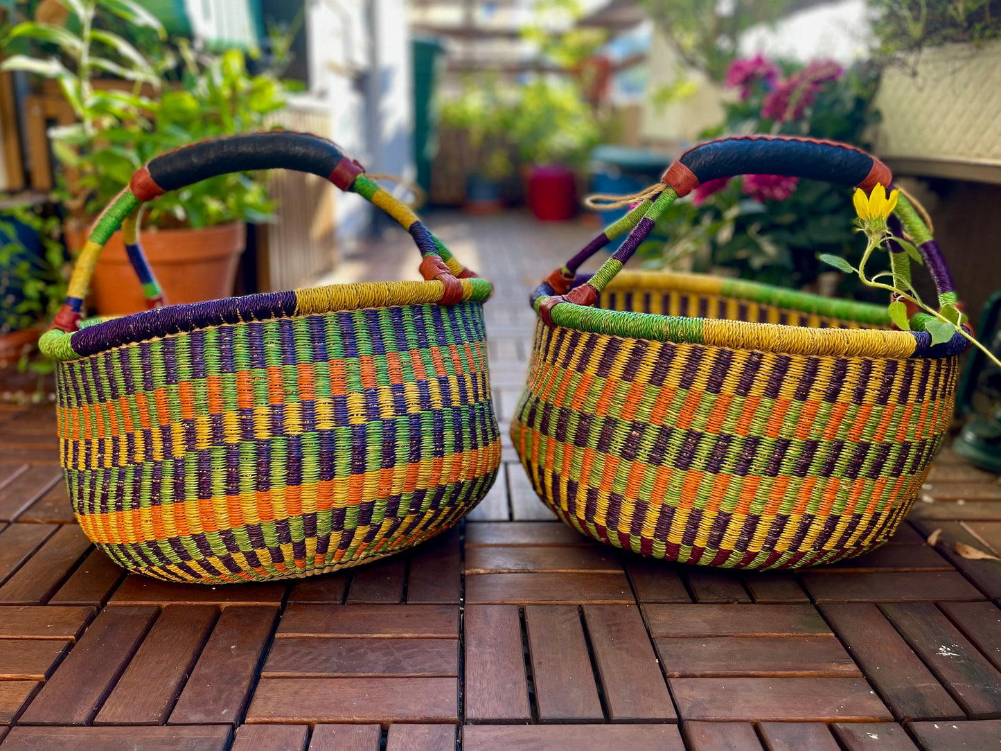 runder, handgewebter Korb - Bolga Basket - Round Basket rund + bunt, afrikanische Handarbeit aus Bolgatanga, Picknickkorb - fair und Natur