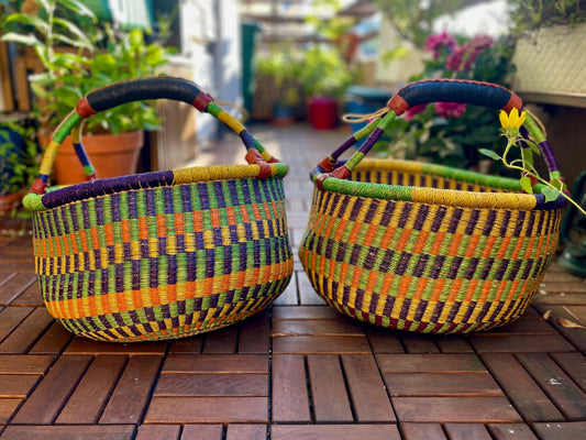 runder, handgewebter Korb - Bolga Basket - Round Basket rund + bunt, afrikanische Handarbeit aus Bolgatanga, Picknickkorb - fair und Natur